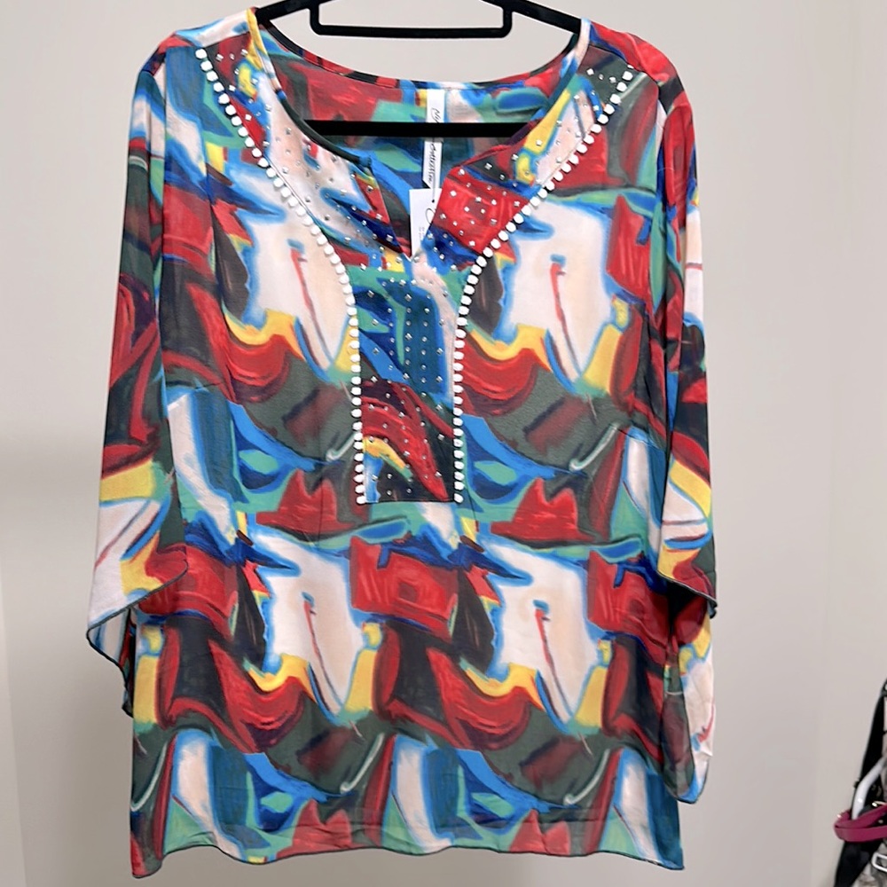 NWT NY Collection XL V-Neck Sheer Multicolor Top!